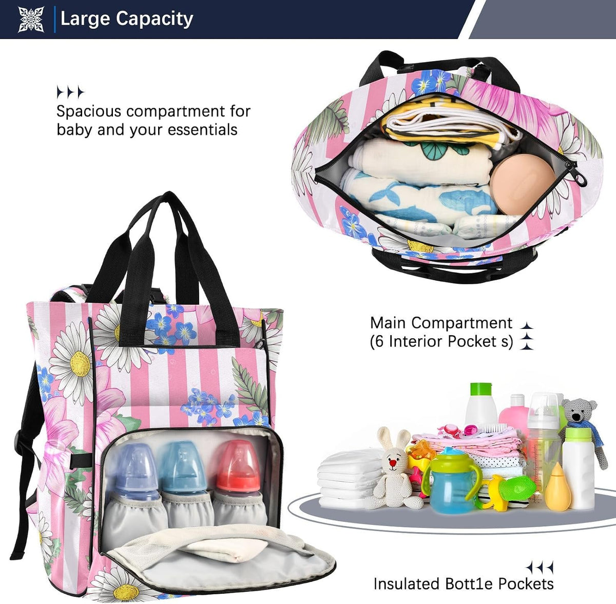Diaper Bag Backpack, Multifunction Travel Bag for Moms Dads, Baby Changing Bag with Insulted Pockets, Stroller Straps and Side Bottle Pockets Blush Bloom Pattern