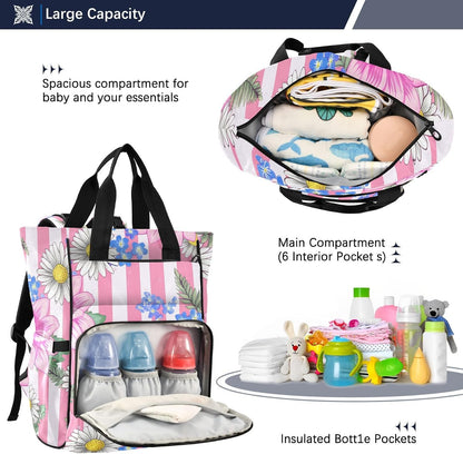 Diaper Bag Backpack, Multifunction Travel Bag for Moms Dads, Baby Changing Bag with Insulted Pockets, Stroller Straps and Side Bottle Pockets Blush Bloom Pattern