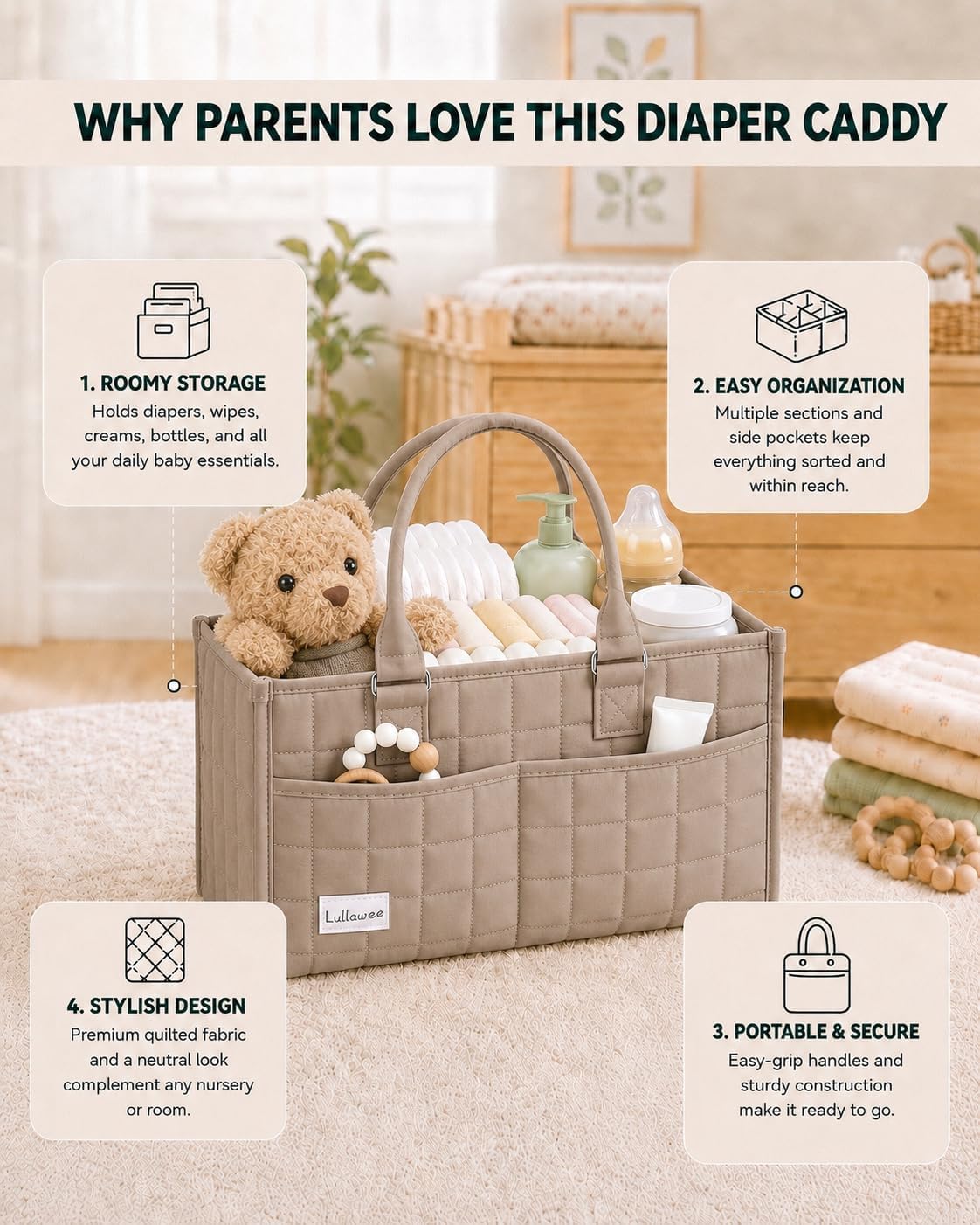 Baby Diaper Caddy Organizer, Portable Nursery Storage Basket with Handle