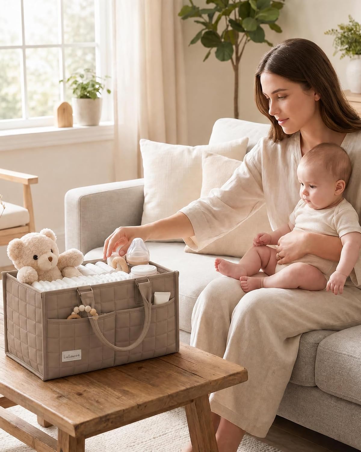 Baby Diaper Caddy Organizer, Portable Nursery Storage Basket with Handle
