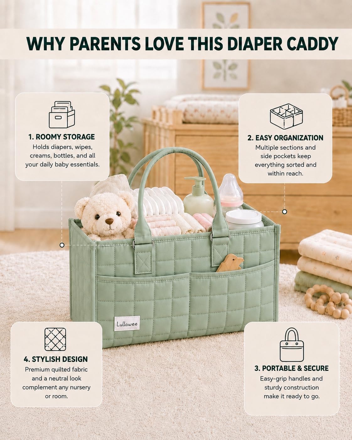 Baby Diaper Caddy Organizer, Portable Nursery Storage Basket with Handle