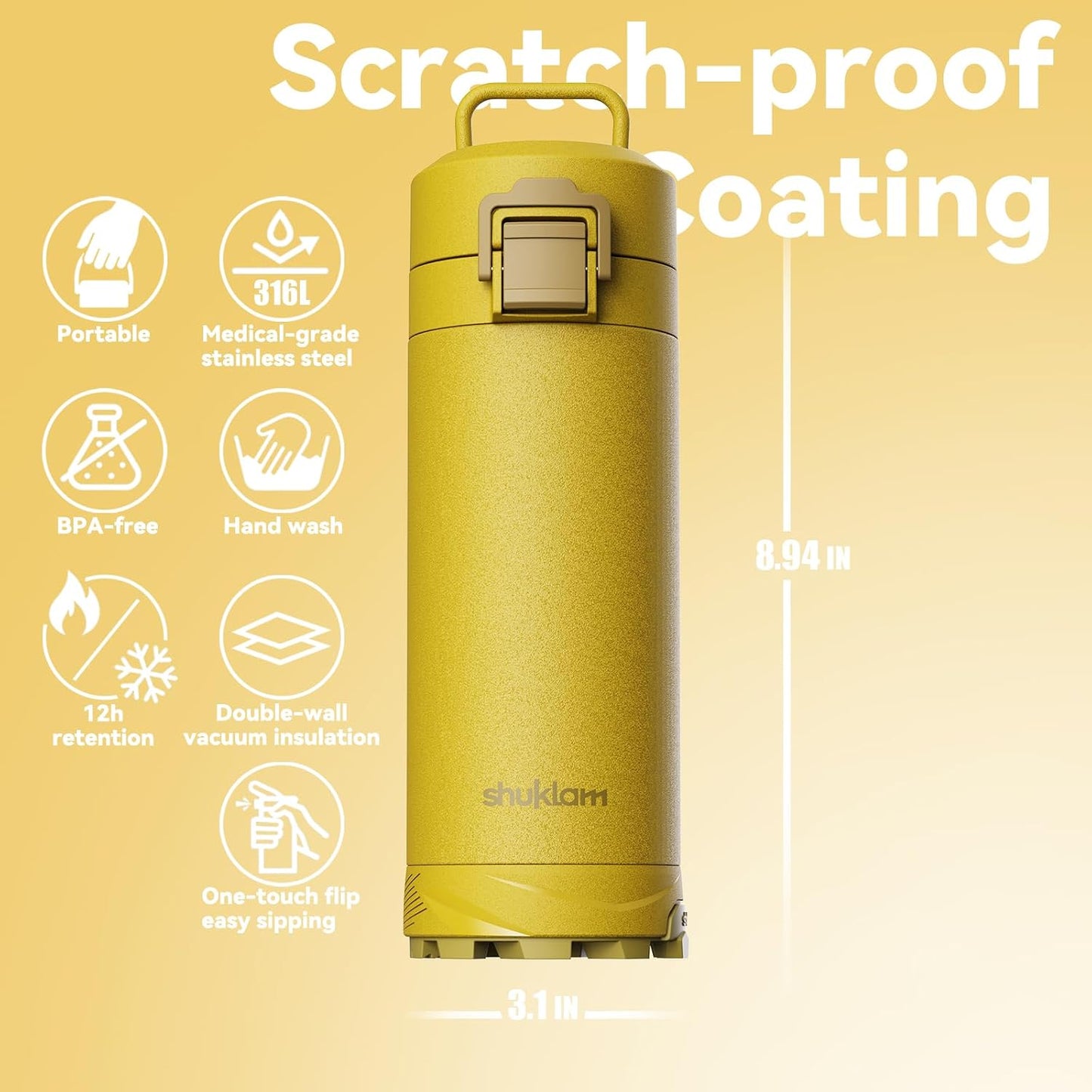 Outdoor Stainless Steel Insulated Tumbler, 19.6oz | One-Touch Splash-Proof Lid, Scratch-Resistant Coating, Non-Slip Base, Portable Carry Handle