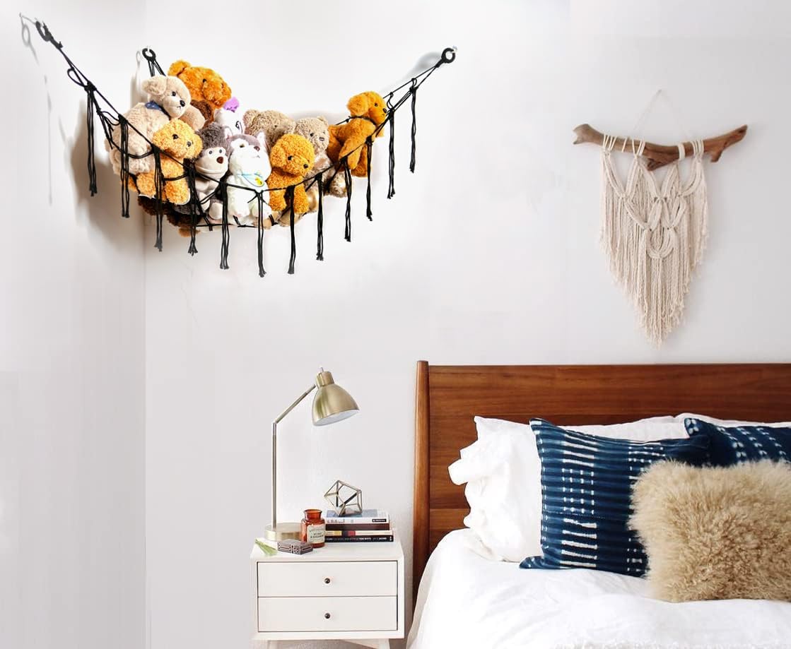 Stuffed Animals Hammock Corner Hanging Net Macrame Stuffed Animal Storage Plush Toy Holder Toy Organizer for Boho Nursery Playroom Bedroom Kids Room (cream, M)