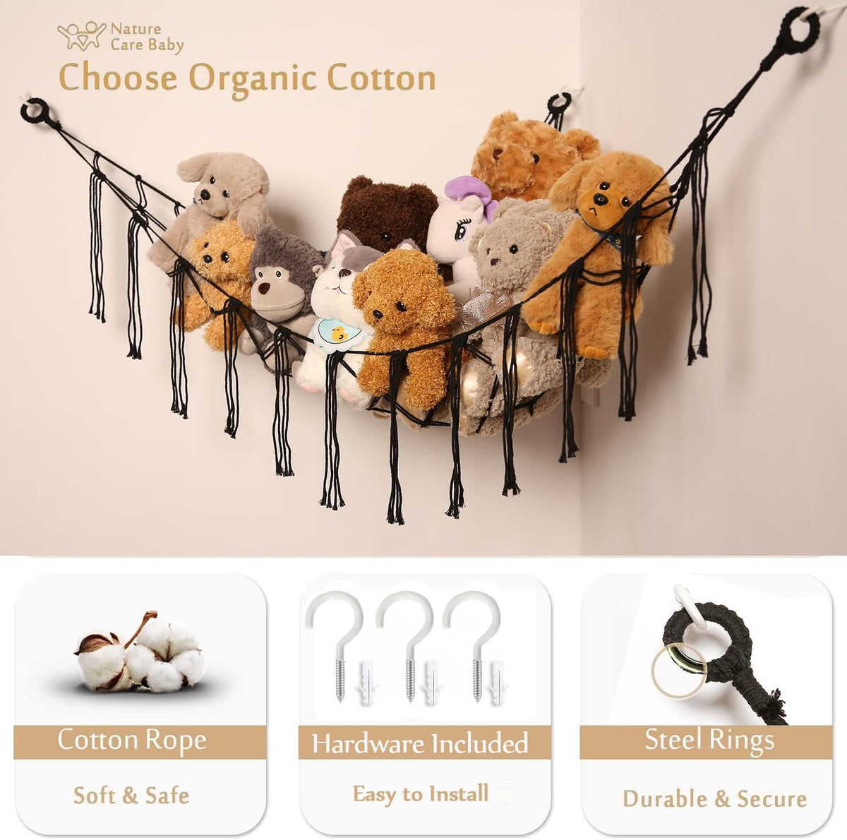 Stuffed Animals Hammock Corner Hanging Net Macrame Stuffed Animal Storage Plush Toy Holder Toy Organizer for Boho Nursery Playroom Bedroom Kids Room (cream, M)