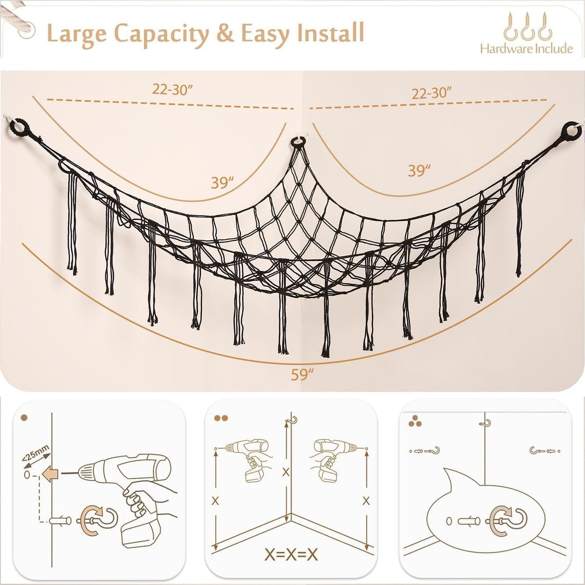 Stuffed Animals Hammock Corner Hanging Net Macrame Stuffed Animal Storage Plush Toy Holder Toy Organizer for Boho Nursery Playroom Bedroom Kids Room (cream, M)