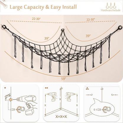 Stuffed Animals Hammock Corner Hanging Net Macrame Stuffed Animal Storage Plush Toy Holder Toy Organizer for Boho Nursery Playroom Bedroom Kids Room (cream, M)