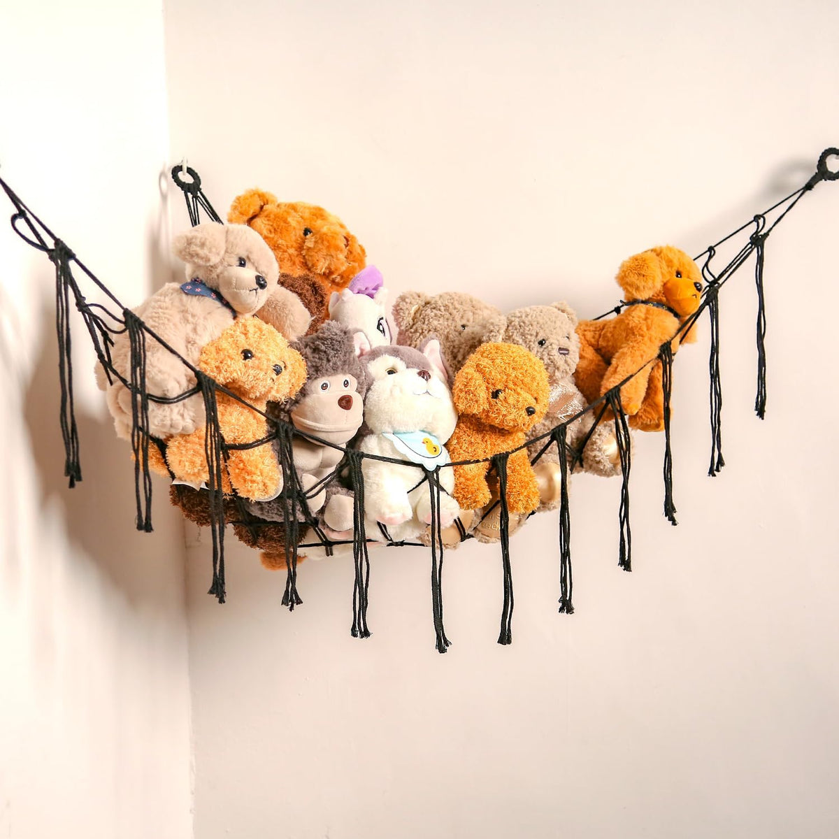 Stuffed Animals Hammock Corner Hanging Net Macrame Stuffed Animal Storage Plush Toy Holder Toy Organizer for Boho Nursery Playroom Bedroom Kids Room (cream, M)