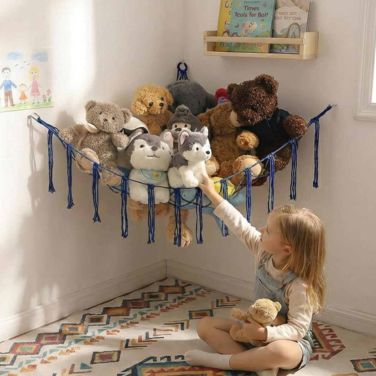 Stuffed Animals Hammock Corner Hanging Net Macrame Stuffed Animal Storage Plush Toy Holder Toy Organizer for Boho Nursery Playroom Bedroom Kids Room (cream, M)