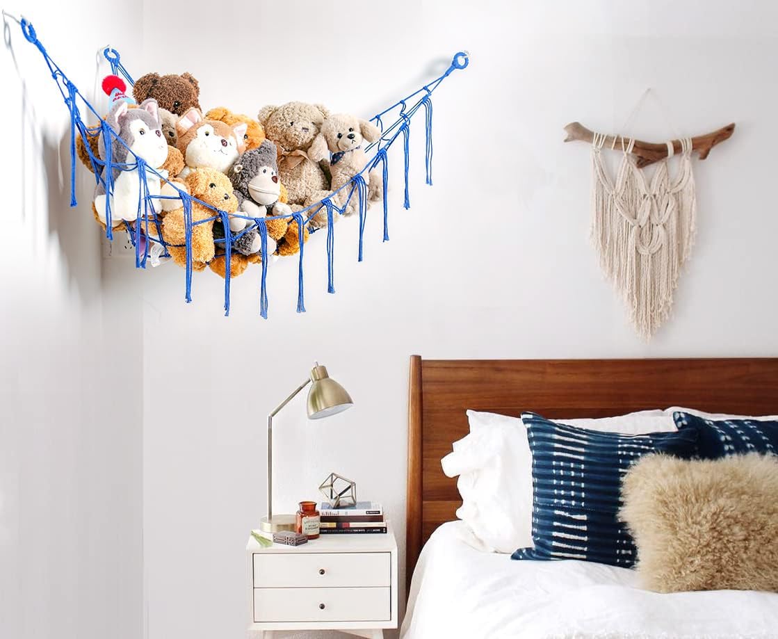 Stuffed Animals Hammock Corner Hanging Net Macrame Stuffed Animal Storage Plush Toy Holder Toy Organizer for Boho Nursery Playroom Bedroom Kids Room (cream, M)