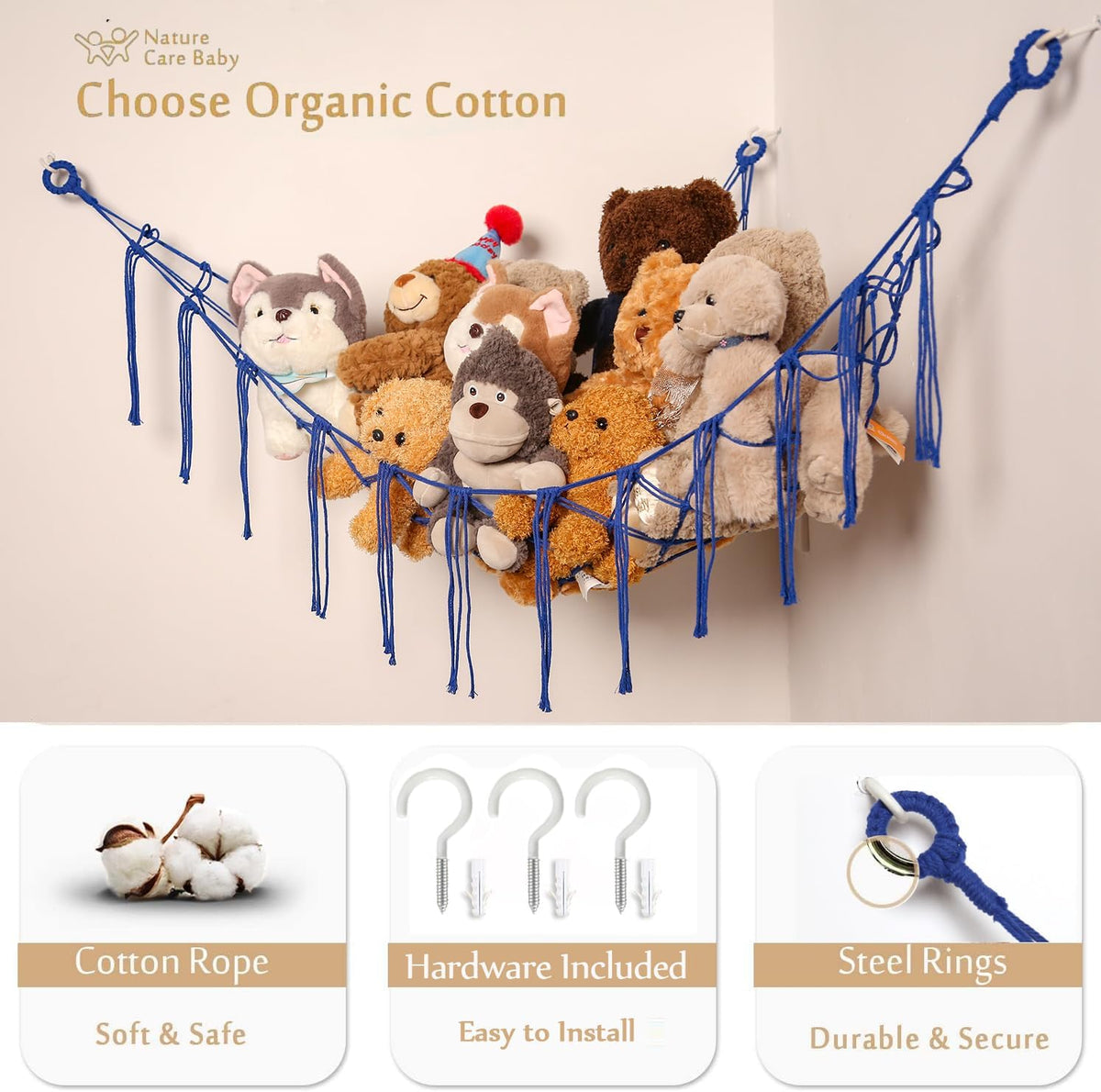 Stuffed Animals Hammock Corner Hanging Net Macrame Stuffed Animal Storage Plush Toy Holder Toy Organizer for Boho Nursery Playroom Bedroom Kids Room (cream, M)