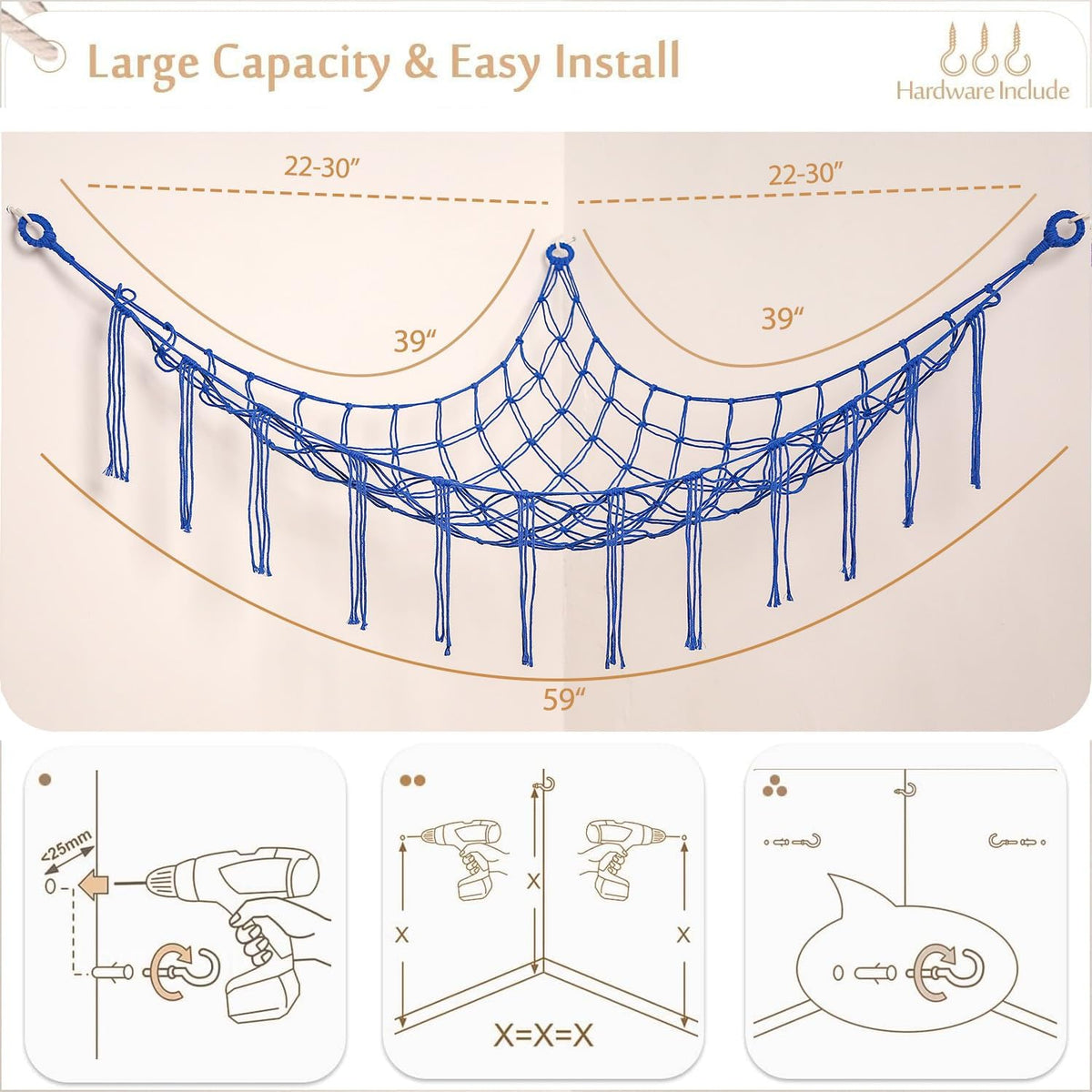 Stuffed Animals Hammock Corner Hanging Net Macrame Stuffed Animal Storage Plush Toy Holder Toy Organizer for Boho Nursery Playroom Bedroom Kids Room (cream, M)