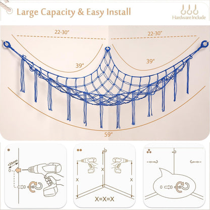 Stuffed Animals Hammock Corner Hanging Net Macrame Stuffed Animal Storage Plush Toy Holder Toy Organizer for Boho Nursery Playroom Bedroom Kids Room (cream, M)