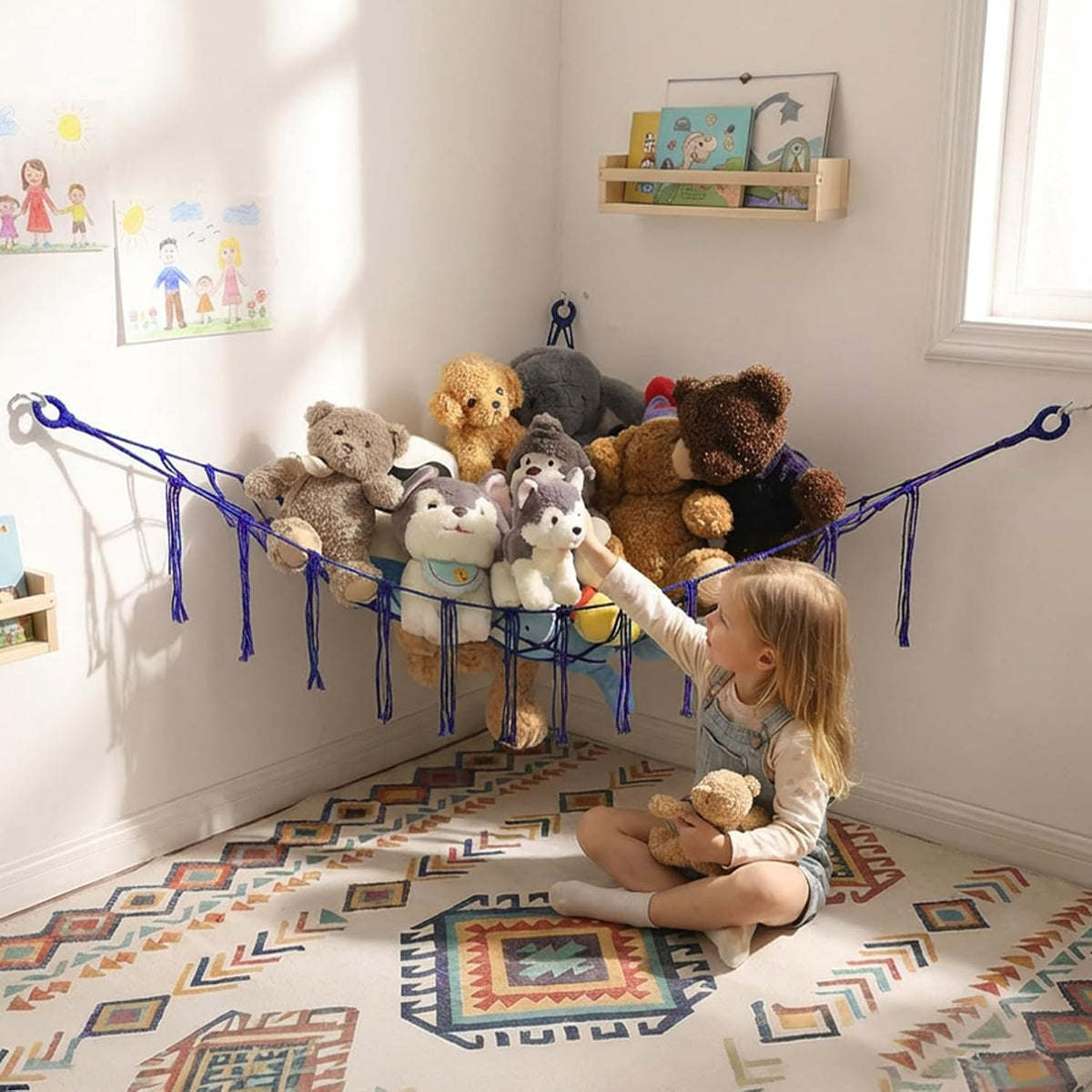 Stuffed Animals Hammock Corner Hanging Net Macrame Stuffed Animal Storage Plush Toy Holder Toy Organizer for Boho Nursery Playroom Bedroom Kids Room (cream, M)