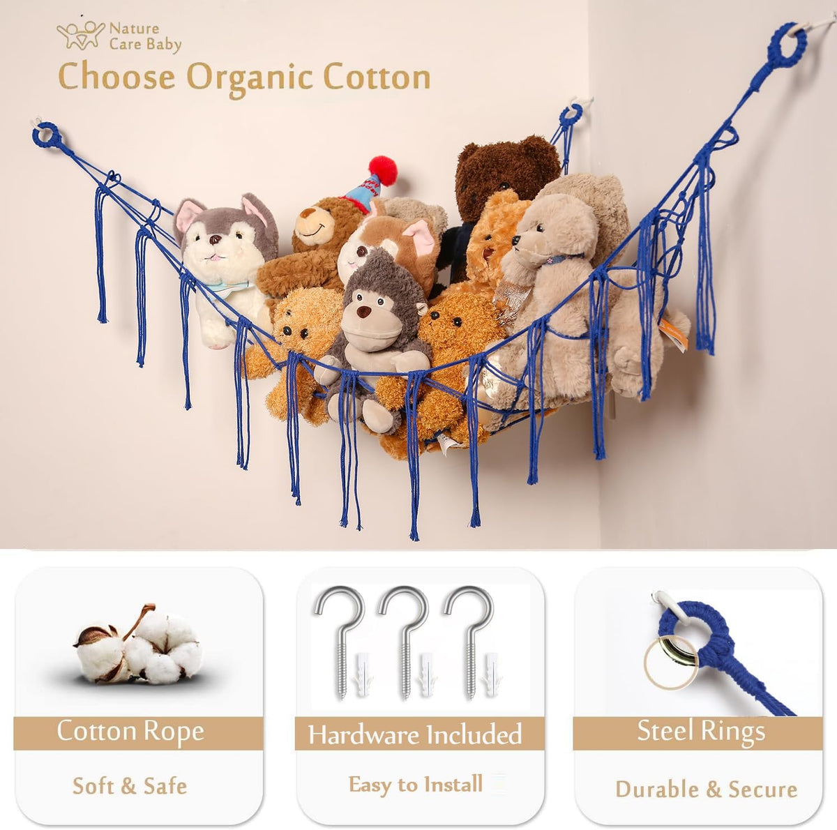 Stuffed Animals Hammock Corner Hanging Net Macrame Stuffed Animal Storage Plush Toy Holder Toy Organizer for Boho Nursery Playroom Bedroom Kids Room (cream, M)