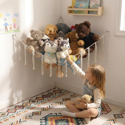 Stuffed Animals Hammock Corner Hanging Net Macrame Stuffed Animal Storage Plush Toy Holder Toy Organizer for Boho Nursery Playroom Bedroom Kids Room (cream, M)