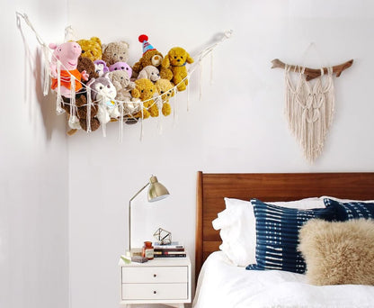 Stuffed Animals Hammock Corner Hanging Net Macrame Stuffed Animal Storage Plush Toy Holder Toy Organizer for Boho Nursery Playroom Bedroom Kids Room (cream, M)