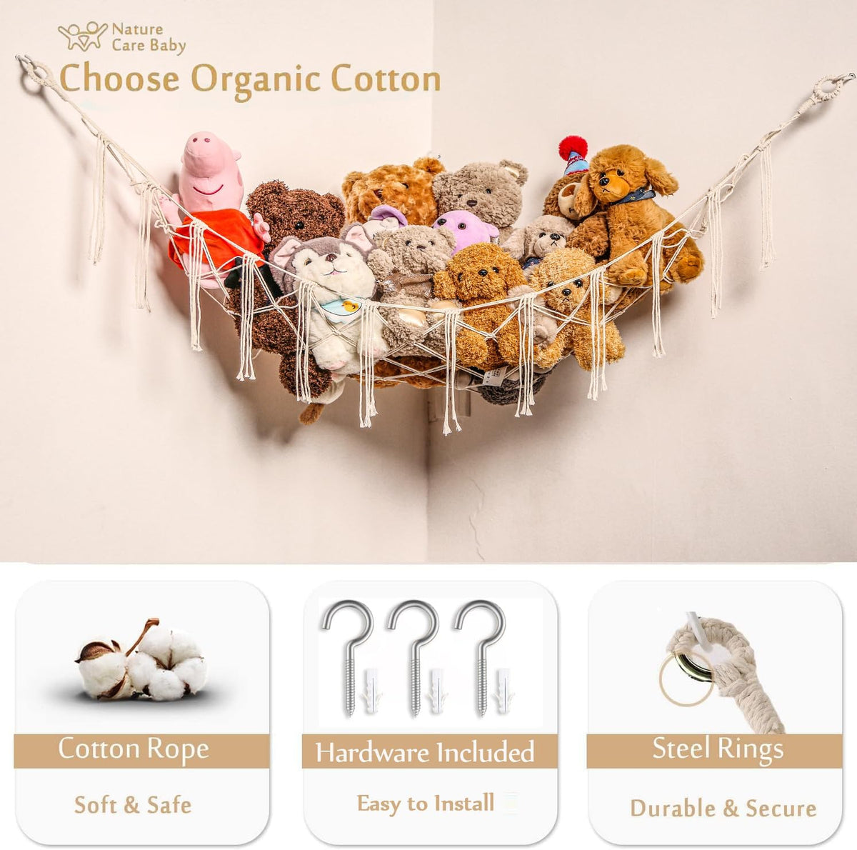 Stuffed Animals Hammock Corner Hanging Net Macrame Stuffed Animal Storage Plush Toy Holder Toy Organizer for Boho Nursery Playroom Bedroom Kids Room (cream, M)