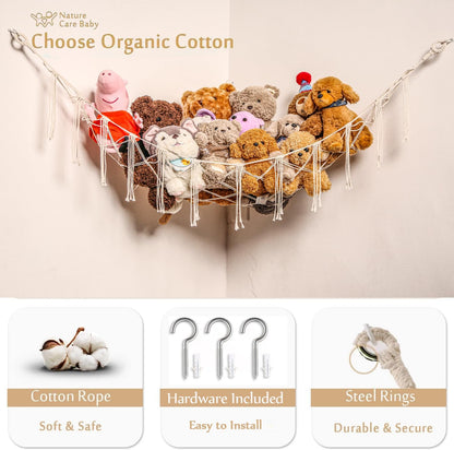 Stuffed Animals Hammock Corner Hanging Net Macrame Stuffed Animal Storage Plush Toy Holder Toy Organizer for Boho Nursery Playroom Bedroom Kids Room (cream, M)