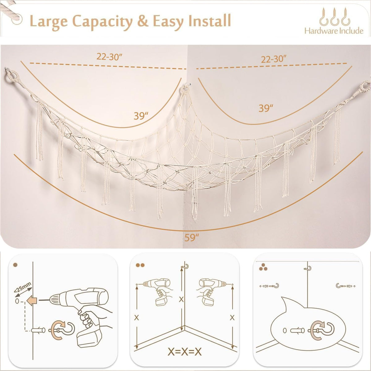 Stuffed Animals Hammock Corner Hanging Net Macrame Stuffed Animal Storage Plush Toy Holder Toy Organizer for Boho Nursery Playroom Bedroom Kids Room (cream, M)