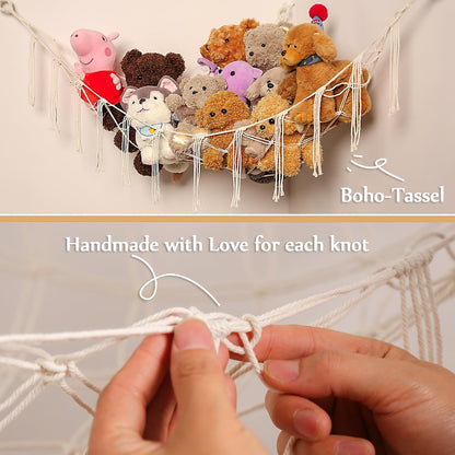 Stuffed Animals Hammock Corner Hanging Net Macrame Stuffed Animal Storage Plush Toy Holder Toy Organizer for Boho Nursery Playroom Bedroom Kids Room (cream, M)