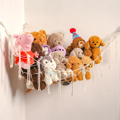 Stuffed Animals Hammock Corner Hanging Net Macrame Stuffed Animal Storage Plush Toy Holder Toy Organizer for Boho Nursery Playroom Bedroom Kids Room (cream, M)
