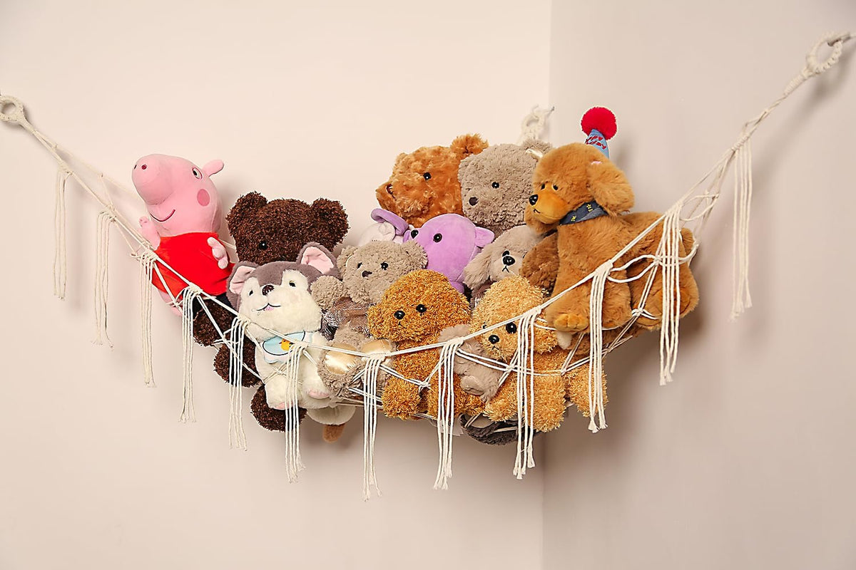 Stuffed Animals Hammock Corner Hanging Net Macrame Stuffed Animal Storage Plush Toy Holder Toy Organizer for Boho Nursery Playroom Bedroom Kids Room (cream, M)