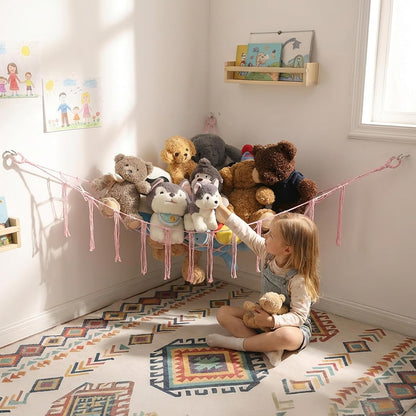 Stuffed Animals Hammock Corner Hanging Net Macrame Stuffed Animal Storage Plush Toy Holder Toy Organizer for Boho Nursery Playroom Bedroom Kids Room (cream, M)