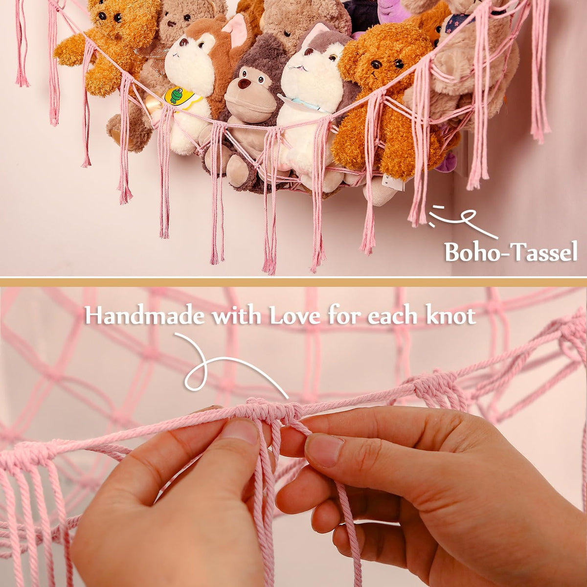 Stuffed Animals Hammock Corner Hanging Net Macrame Stuffed Animal Storage Plush Toy Holder Toy Organizer for Boho Nursery Playroom Bedroom Kids Room (cream, M)