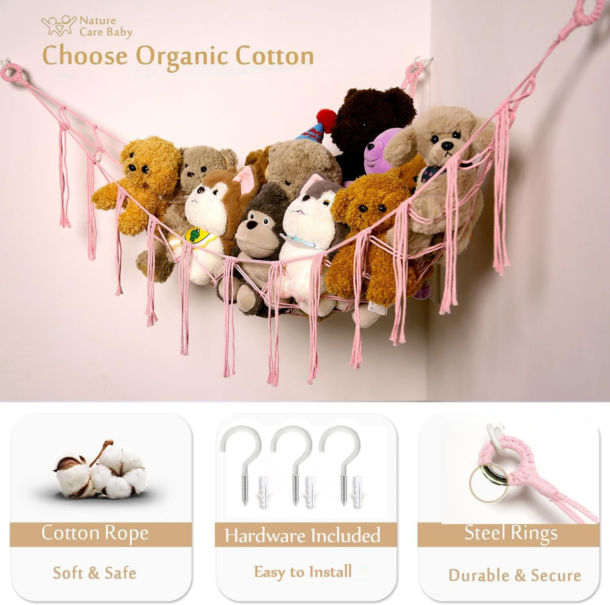 Stuffed Animals Hammock Corner Hanging Net Macrame Stuffed Animal Storage Plush Toy Holder Toy Organizer for Boho Nursery Playroom Bedroom Kids Room (cream, M)