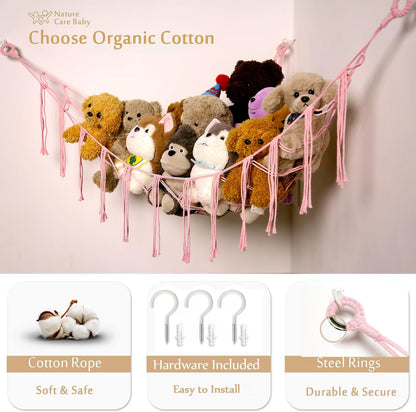 Stuffed Animals Hammock Corner Hanging Net Macrame Stuffed Animal Storage Plush Toy Holder Toy Organizer for Boho Nursery Playroom Bedroom Kids Room (cream, M)