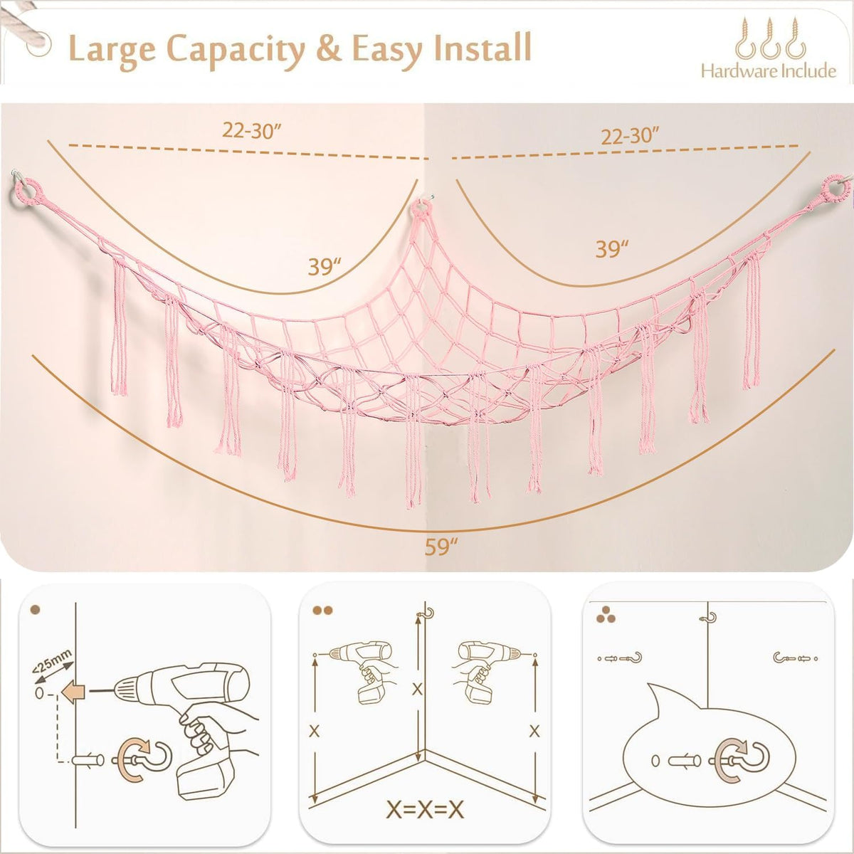 Stuffed Animals Hammock Corner Hanging Net Macrame Stuffed Animal Storage Plush Toy Holder Toy Organizer for Boho Nursery Playroom Bedroom Kids Room (cream, M)
