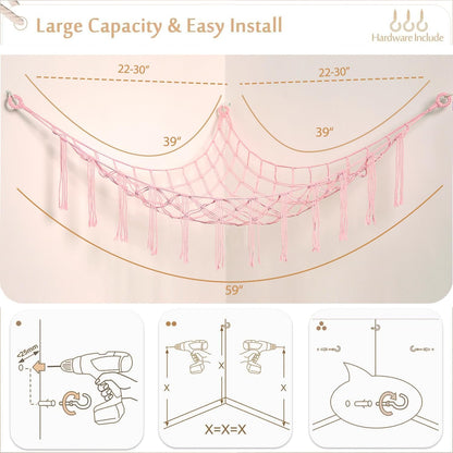 Stuffed Animals Hammock Corner Hanging Net Macrame Stuffed Animal Storage Plush Toy Holder Toy Organizer for Boho Nursery Playroom Bedroom Kids Room (cream, M)