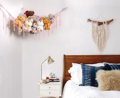 Stuffed Animals Hammock Corner Hanging Net Macrame Stuffed Animal Storage Plush Toy Holder Toy Organizer for Boho Nursery Playroom Bedroom Kids Room (cream, M)