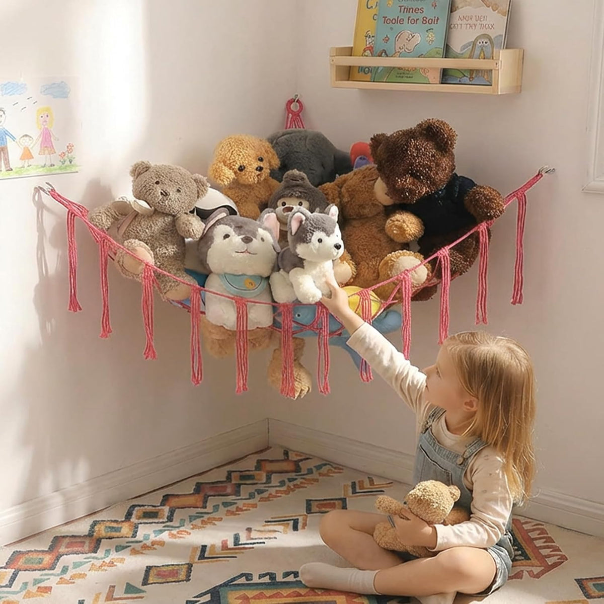 Stuffed Animals Hammock Corner Hanging Net Macrame Stuffed Animal Storage Plush Toy Holder Toy Organizer for Boho Nursery Playroom Bedroom Kids Room (cream, M)