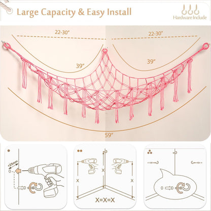 Stuffed Animals Hammock Corner Hanging Net Macrame Stuffed Animal Storage Plush Toy Holder Toy Organizer for Boho Nursery Playroom Bedroom Kids Room (cream, M)