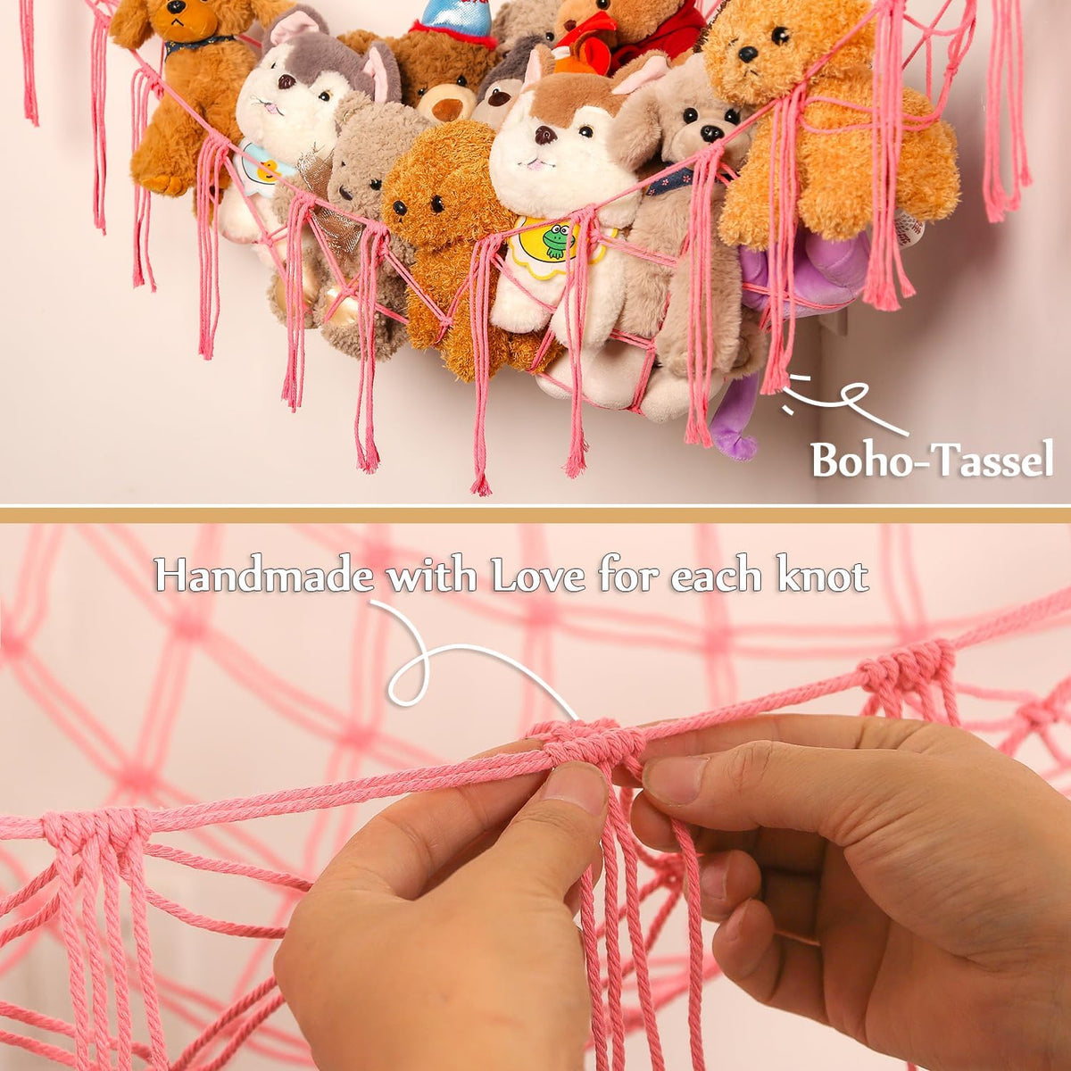 Stuffed Animals Hammock Corner Hanging Net Macrame Stuffed Animal Storage Plush Toy Holder Toy Organizer for Boho Nursery Playroom Bedroom Kids Room (cream, M)