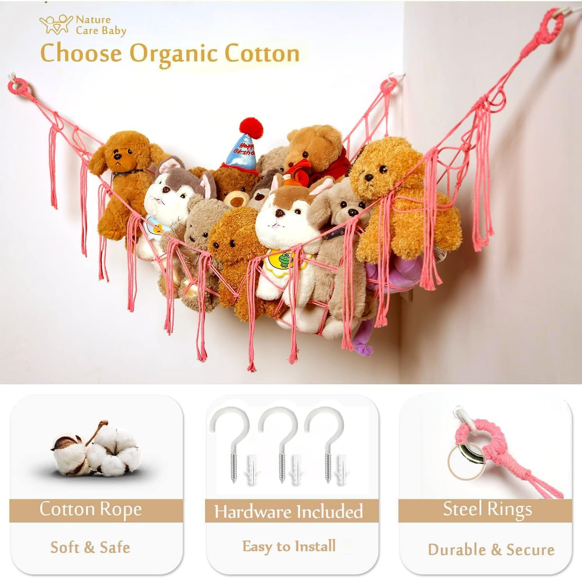 Stuffed Animals Hammock Corner Hanging Net Macrame Stuffed Animal Storage Plush Toy Holder Toy Organizer for Boho Nursery Playroom Bedroom Kids Room (cream, M)