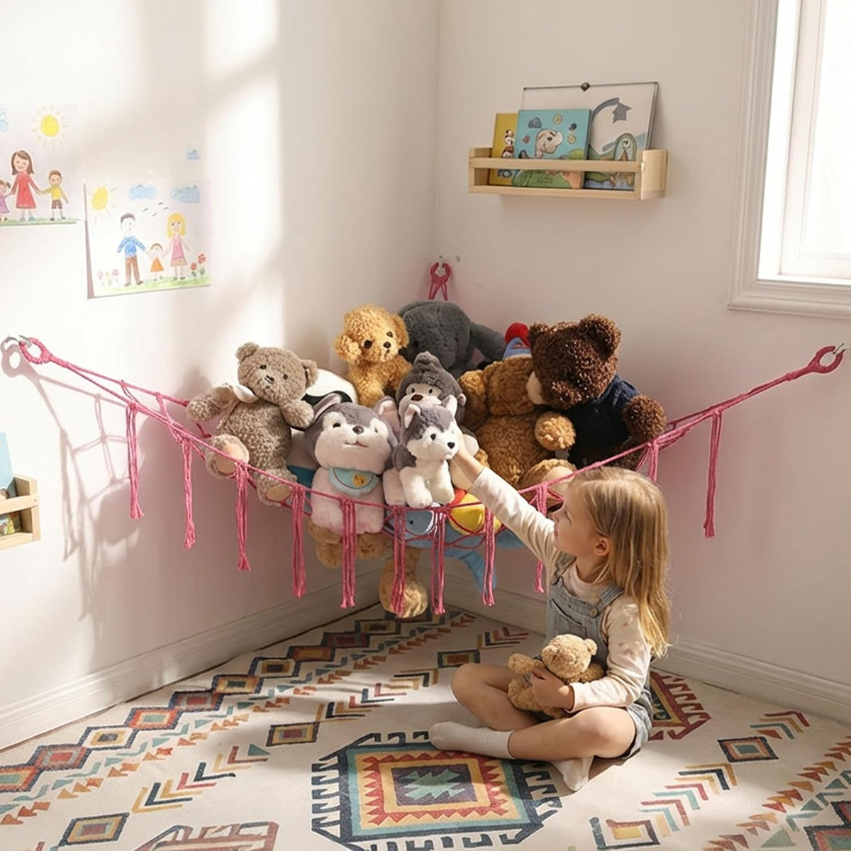 Stuffed Animals Hammock Corner Hanging Net Macrame Stuffed Animal Storage Plush Toy Holder Toy Organizer for Boho Nursery Playroom Bedroom Kids Room (cream, M)