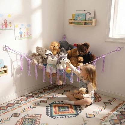 Stuffed Animals Hammock Corner Hanging Net Macrame Stuffed Animal Storage Plush Toy Holder Toy Organizer for Boho Nursery Playroom Bedroom Kids Room (cream, M)