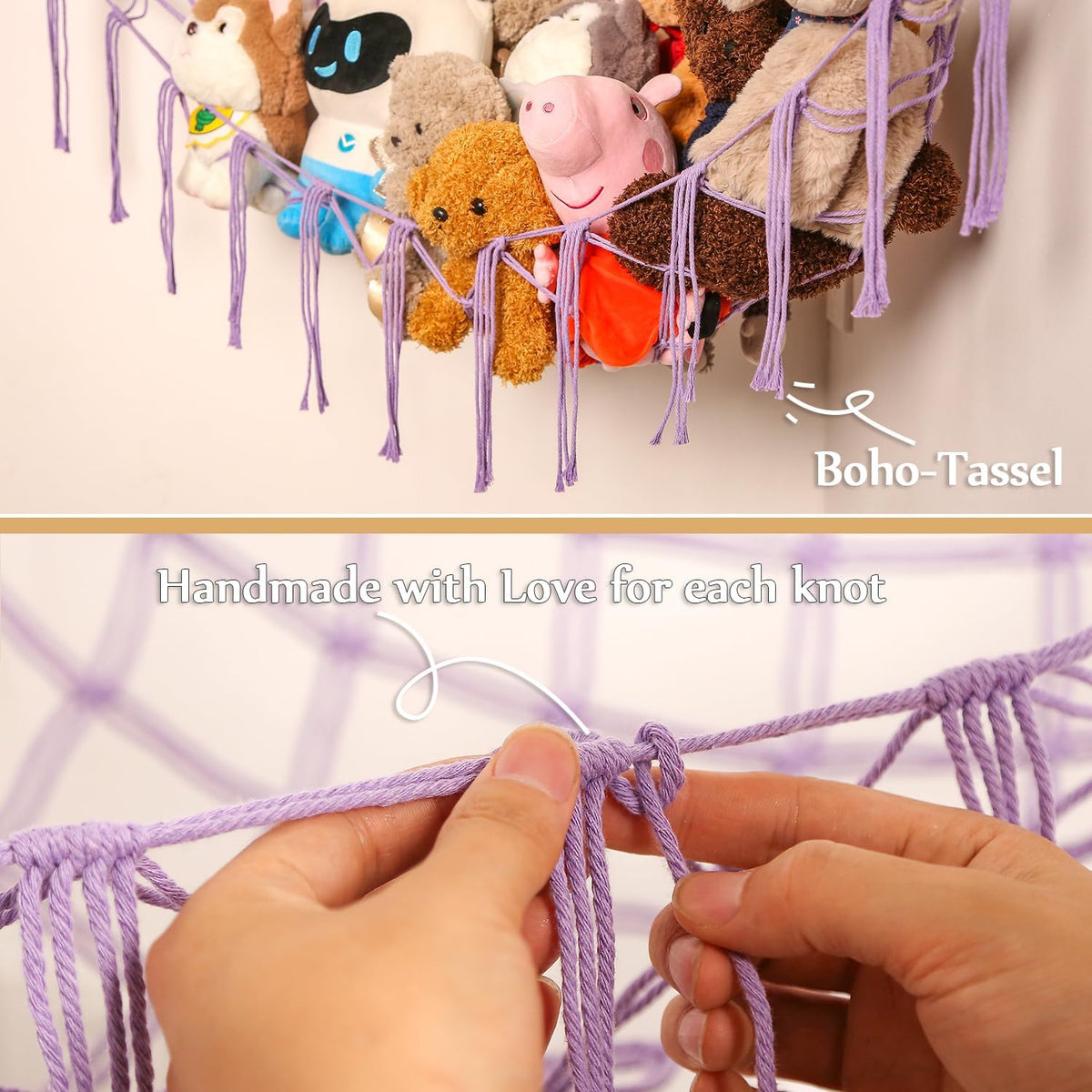 Stuffed Animals Hammock Corner Hanging Net Macrame Stuffed Animal Storage Plush Toy Holder Toy Organizer for Boho Nursery Playroom Bedroom Kids Room (cream, M)
