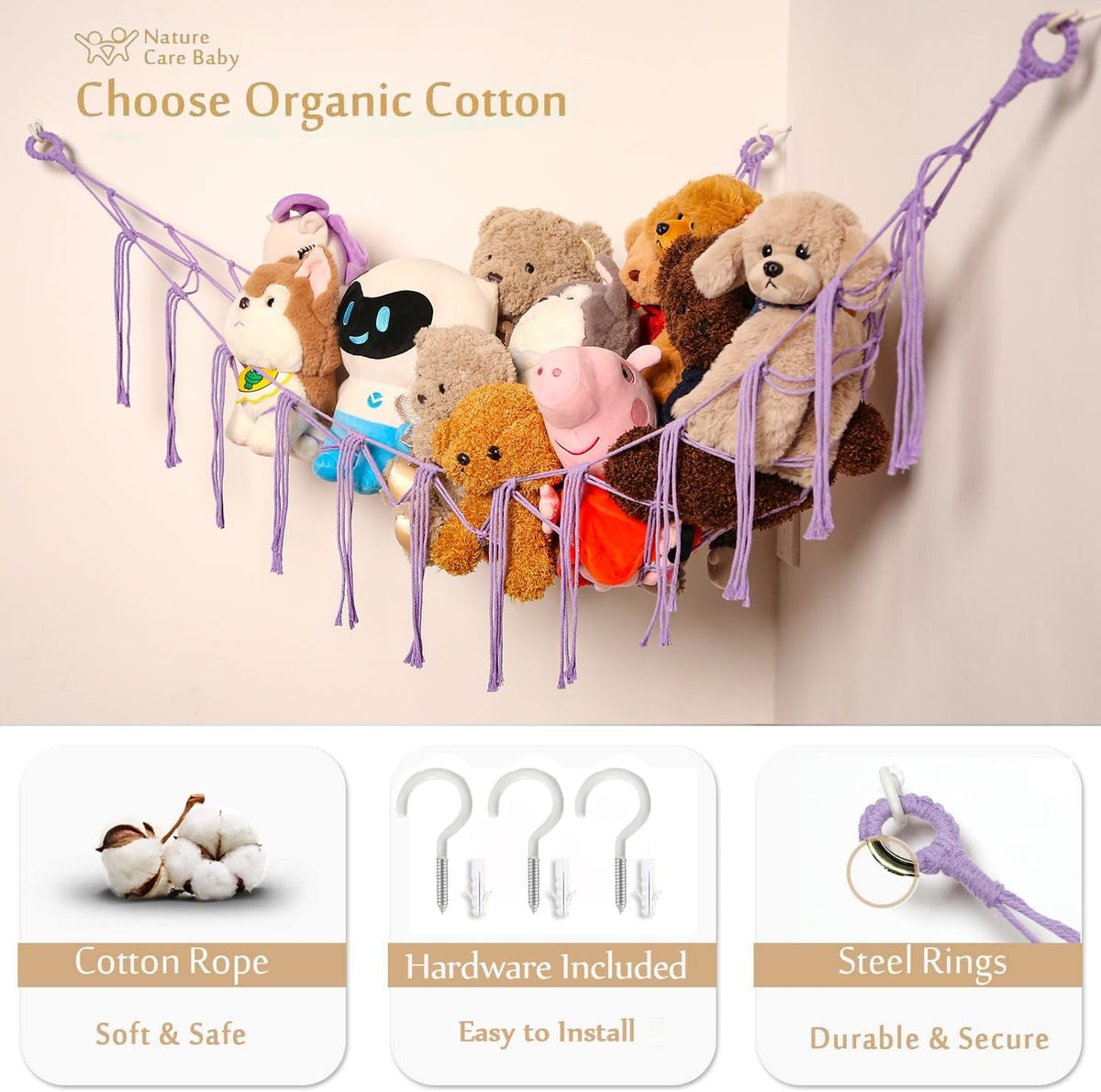 Stuffed Animals Hammock Corner Hanging Net Macrame Stuffed Animal Storage Plush Toy Holder Toy Organizer for Boho Nursery Playroom Bedroom Kids Room (cream, M)