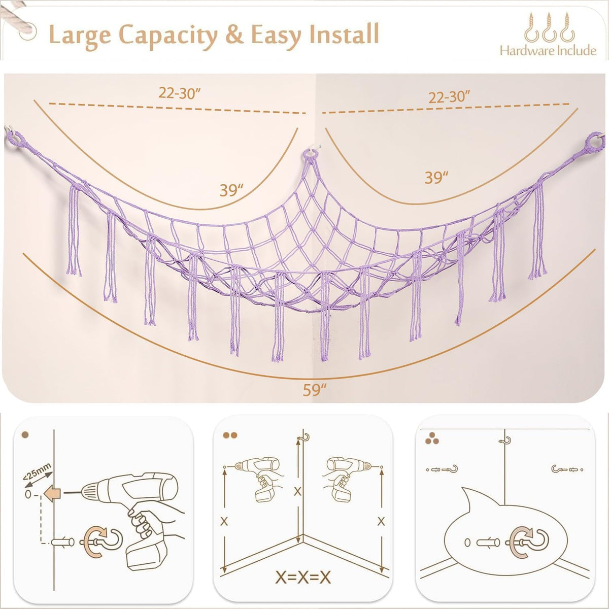 Stuffed Animals Hammock Corner Hanging Net Macrame Stuffed Animal Storage Plush Toy Holder Toy Organizer for Boho Nursery Playroom Bedroom Kids Room (cream, M)