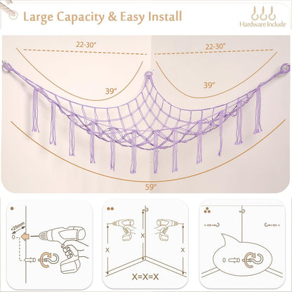Stuffed Animals Hammock Corner Hanging Net Macrame Stuffed Animal Storage Plush Toy Holder Toy Organizer for Boho Nursery Playroom Bedroom Kids Room (cream, M)