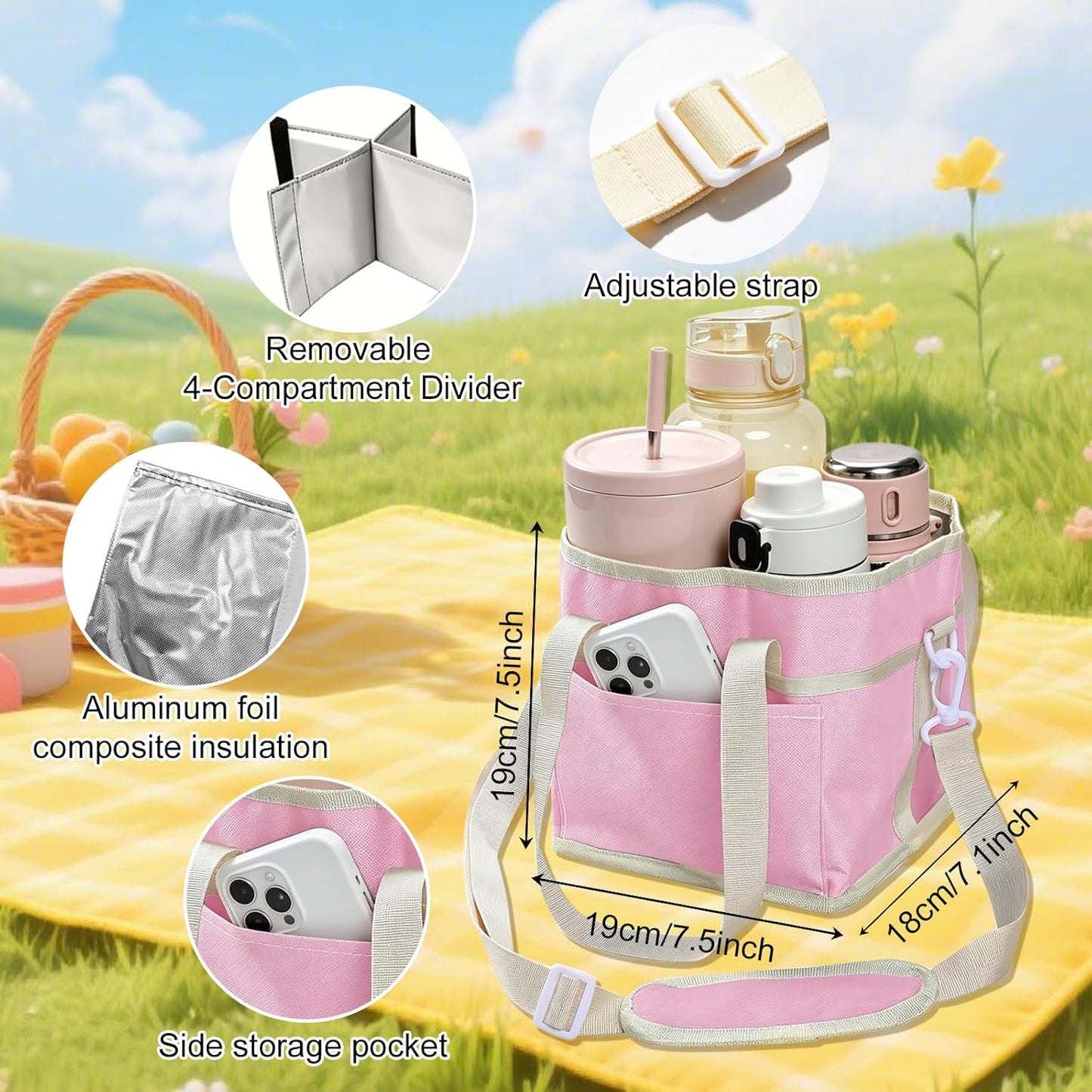 Drink Caddy for Cups, Insulated Drink Carrier with Strap, Drink Carrier Bag | Designed with Adjustable Strap for Travel & Outings, 4-Slot Design with Removable Divider, Premium Waterproof Nylon Fabric