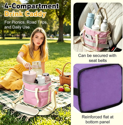 Drink Caddy for Cups, Insulated Drink Carrier with Strap, Drink Carrier Bag | Designed with Adjustable Strap for Travel & Outings, 4-Slot Design with Removable Divider, Premium Waterproof Nylon Fabric