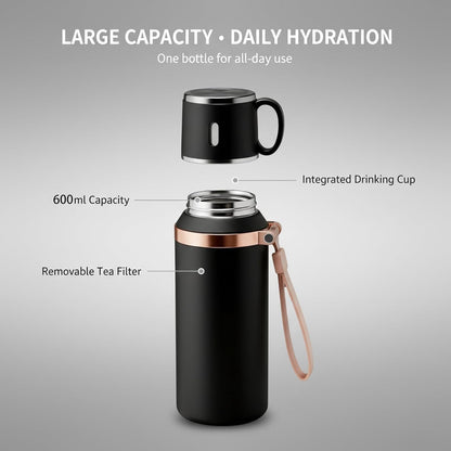 2 In 1 Stainless Steel Vacuum Insulated Bottle With Lidded Cup, 316 Stainless Steel Water Bottle, Detachable Design, Leakproof Large Capacity for Travel, Gym (Black)