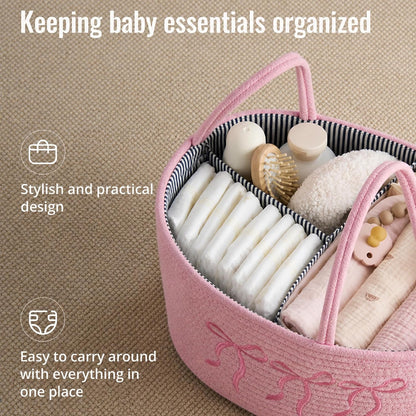 Baby Caddy Organizer, Cotton Rope Baby Diaper Caddy with 3 Compartments Hand-Braided Pink Nursery Storage Basket with Bow Embroidery Newborn Essentials Gift (Pink)