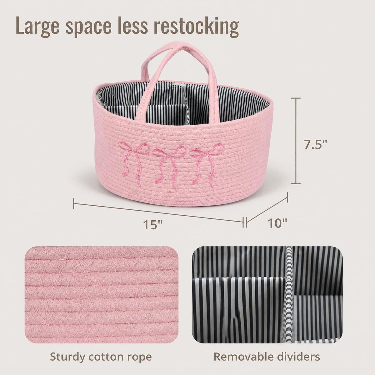 Baby Caddy Organizer, Cotton Rope Baby Diaper Caddy with 3 Compartments Hand-Braided Pink Nursery Storage Basket with Bow Embroidery Newborn Essentials Gift (Pink)