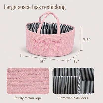 Baby Caddy Organizer, Cotton Rope Baby Diaper Caddy with 3 Compartments Hand-Braided Pink Nursery Storage Basket with Bow Embroidery Newborn Essentials Gift (Pink)