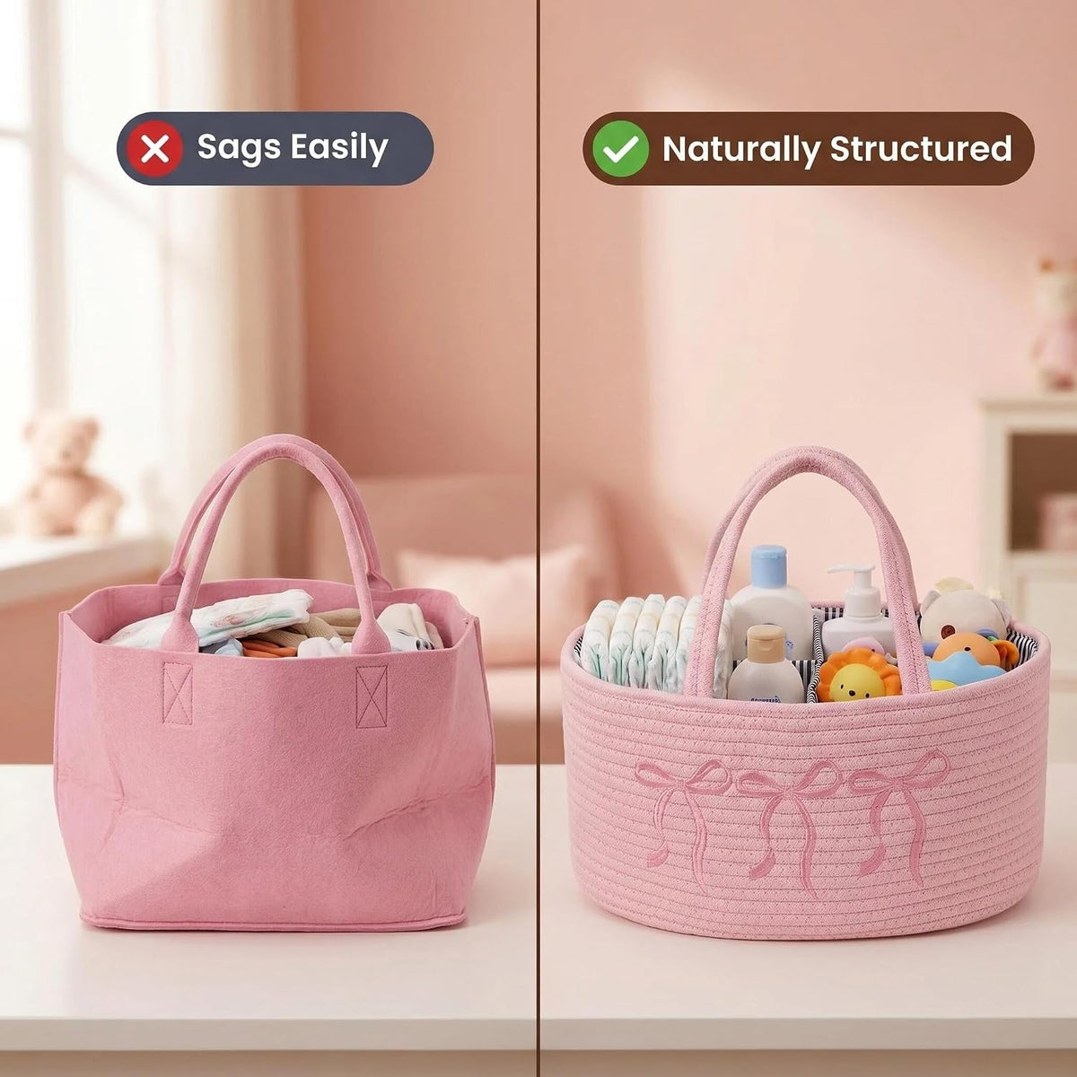 Baby Caddy Organizer, Cotton Rope Baby Diaper Caddy with 3 Compartments Hand-Braided Pink Nursery Storage Basket with Bow Embroidery Newborn Essentials Gift (Pink)